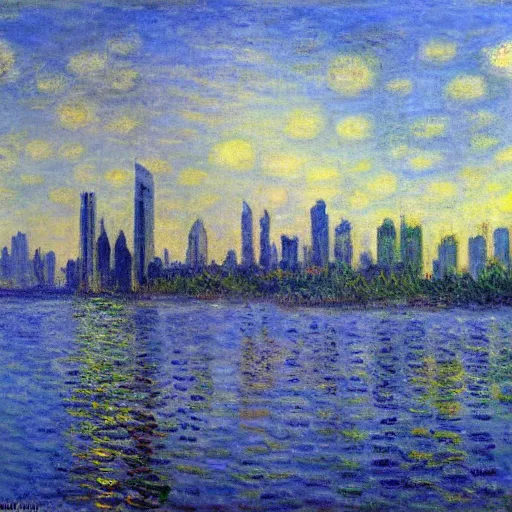 Image similar to the singapoore skyline painted by claude monet