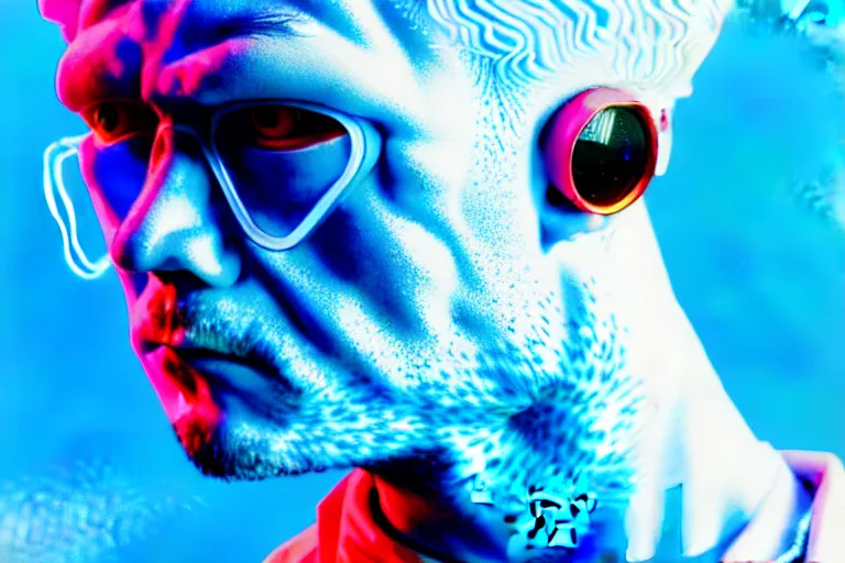 Image similar to a close - up risograph of cyberpunk albinism model men wearing lots of transparent and cellophane accessories, huge earrings and queer make up, blue hour, twilight, cool, portrait, crispy, full - shot, blue sky, kodachrome, photo by mayumi hosokura, style by moebius