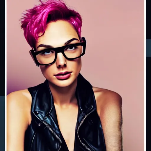 Prompt: photo of a gorgeous Gal Gadot (1950) pink pixie cut hair hipster glasses by Mario Testino, detailed, full body shot, award winning, Sony a7R