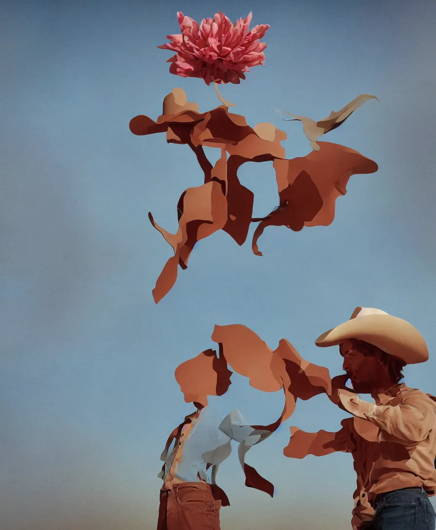 Image similar to a cowboy turning into blooms by slim aarons, by zhang kechun, by lynda benglis. tropical sea slugs, angular sharp tractor tires. complementary bold colors. photo of a manly cowboy. warm soft volumetric dramatic light. national geographic. 8 k, rendered in octane, smooth gradients. angular sculpture by antonio canova by gian lorenzo bernini.