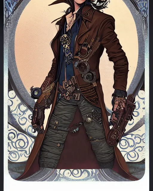 Image similar to a detailed portrait illustration of a steampunk wizard - gunslinger. beautiful androgynous teenage face. art nouveau, pop art, comic book style. influenced by neil gaiman, jules verne, dan mumford, brian froud, killian eng, ross tran.