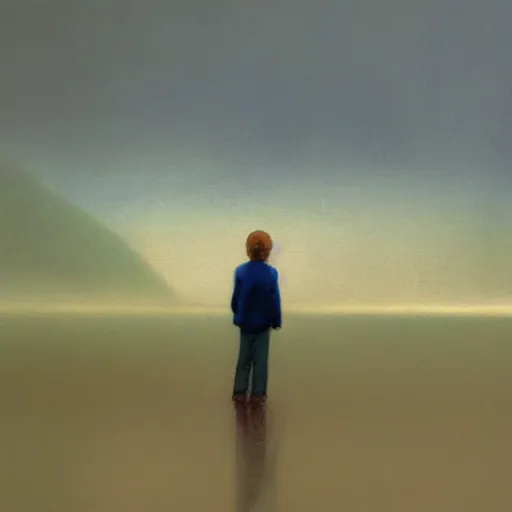 Image similar to atmospheric dreamscape painting of a boy standing on the beach on a foggy day, by moebius and john harris, atmospheric blues, concept art, saturation 40