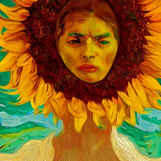 Image similar to closeup, giant sunflower head, woman standing in a room, surreal, dramatic light, impressionist painting, digital painting, artstation, van gogh