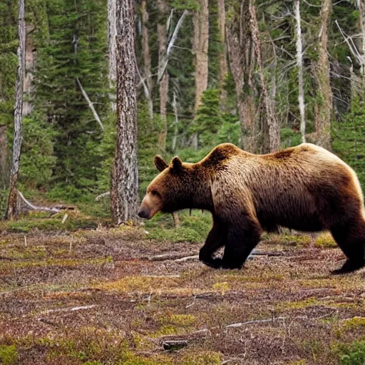 Prompt: a bear on a moose riding through a thick lush forest