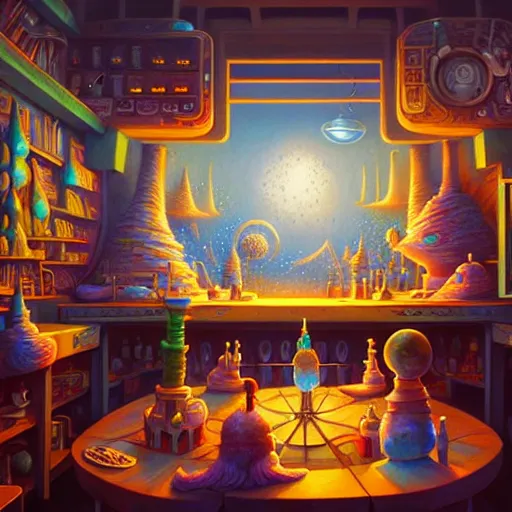 Image similar to beautiful detailed realistic illustration of a wizards laboratory, cinematic, rob gonsalves, paul lehr, john stephens, archan nair, anton fadeev, josan gonzalez, hi - fructose, artgerm, wlop, 8 k