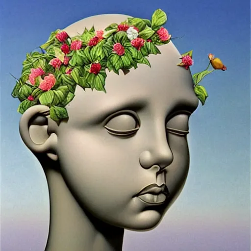 Image similar to Michael Parkes, award winning masterpiece with incredible details, Michael Parkes, a surreal vaporwave vaporwave vaporwave vaporwave vaporwave painting by Michael Parkes of an old pink mannequin head with flowers growing out, sinking underwater, highly detailed Michael Parkes