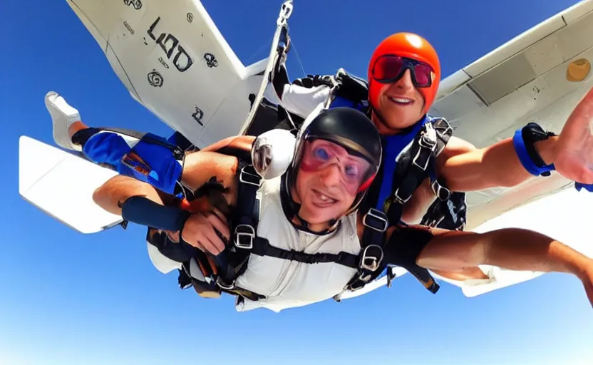 Prompt: close up on a skydiver with muscles. plane in the background