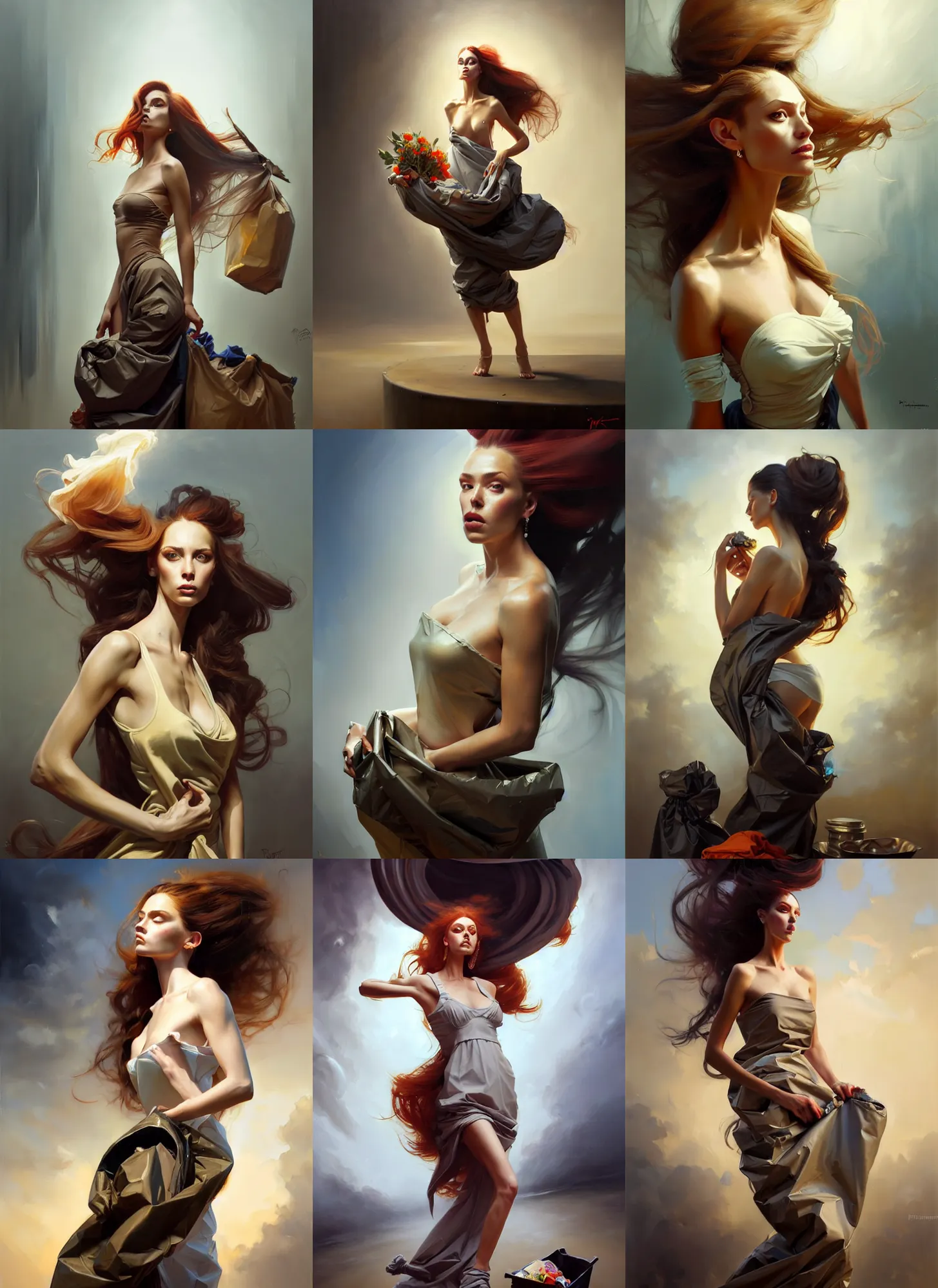 Image similar to fine art portrait oil painting of a beautiful woman with long hair wearing a garbage bag for clothes, perspective, ultra detailed, elegant, intricate, dynamic lighting, hyperrealism, sharp focus, art by peter mohrbacher and greg manchess and andrei riabovitchev