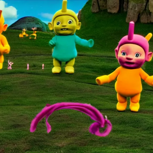 Image similar to A screenshot of the Teletubbies in Lord of the Rings