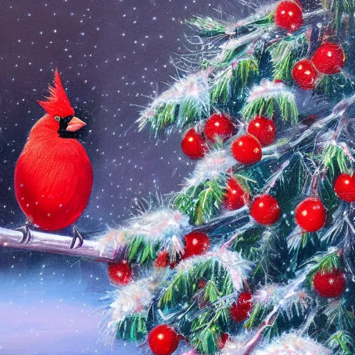 Prompt: detailed oil painting of magical winter christmas tree with snow and lights and bulbs and red cardinal bird sitting on branch 4k