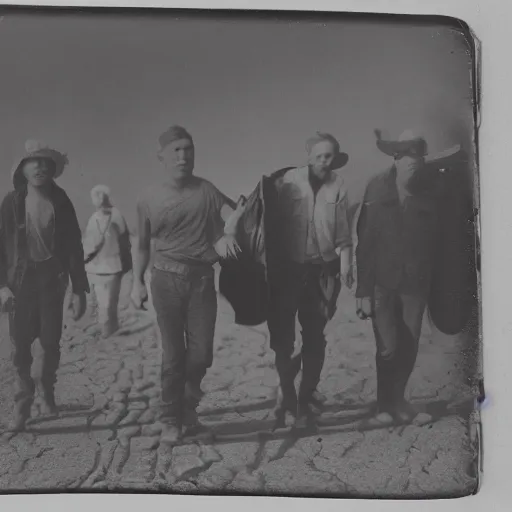 Image similar to group of worn down youths walking through nevada desert, carrying bindles, 2 0 3 7 tintype photograph