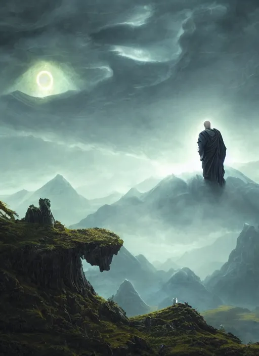 Image similar to a cosmic monk in lord of the rings scenery landscape, looking at a hovering spaceship in the sky, sci - fi, highly detailed, vivid color, cinematic lighting, perfect composition, 8 k, gustave dore, derek zabrocki, greg rutkowski, belsinski, octane render