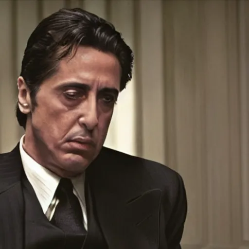 Prompt: A still of Al Pacino as Michael Corleone from The Godfather. Extremely detailed. Beautiful. 4K. Award winning.