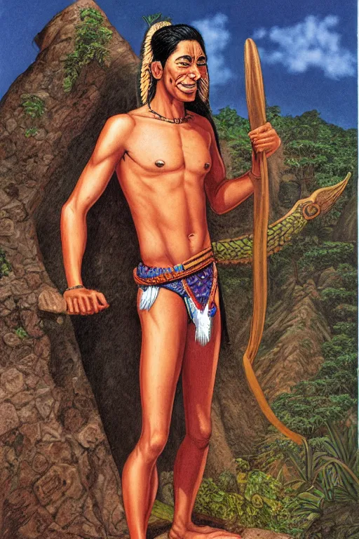 Prompt: thin mayan quetzal man in his early 30s, by Alex Horley