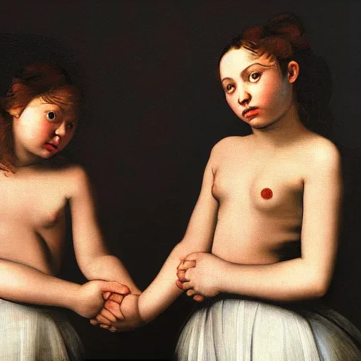 Image similar to a photograph of two girls holding hands while watching the world burn, done in the style of caravaggio, basquiat, akseli gallen kallela, highly detailed, 4 k