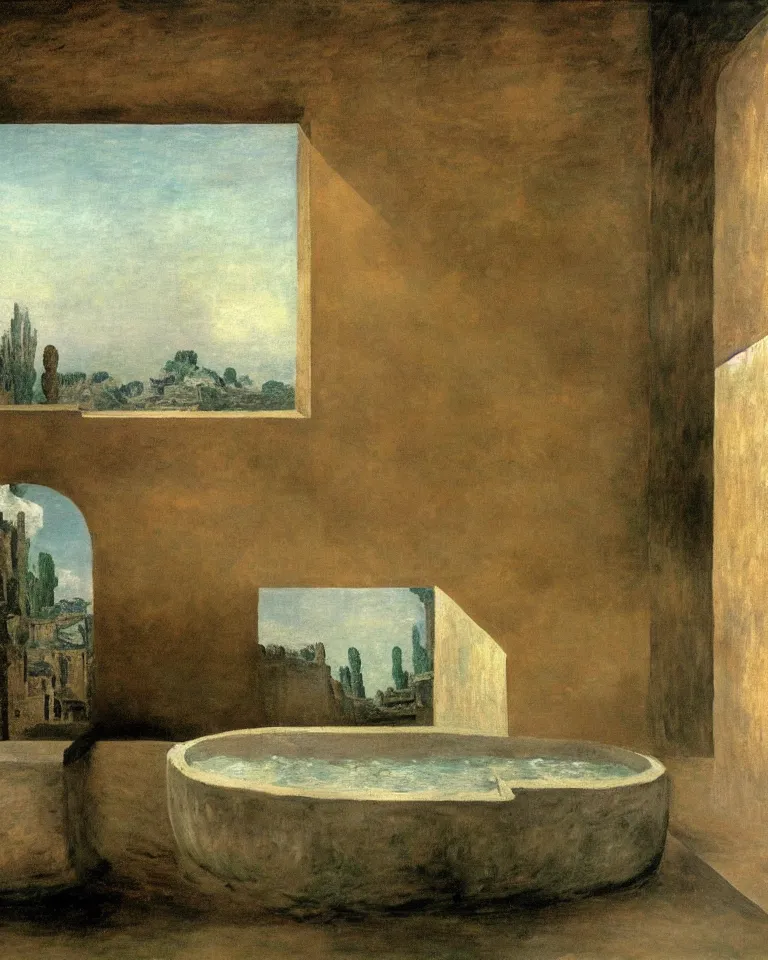 Prompt: achingly beautiful painting of solitary ancient roman bathtub by rene magritte, monet, and turner. piranesi.