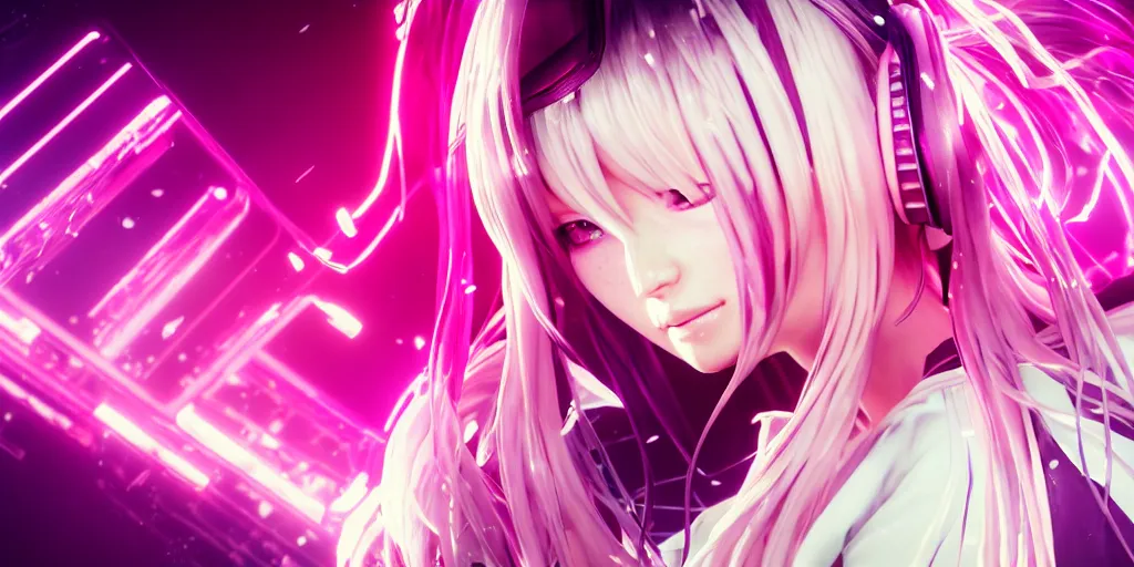 Image similar to beautiful portrait of a woman with pastel long hair floating in the air with her eyes open facing the camera hands forward centered with studio headphones on in the style of a code vein character, momo from twice in code vein in the style of WLOP, artgerm, yasutomo oka, rendered in unreal engine and redshift octane , background is surrounded by epic neon glitch effect digital art dynamic dramatic lighting, soft lighting, imagine fx, artstation, cgsociety, by Bandai Namco artist,