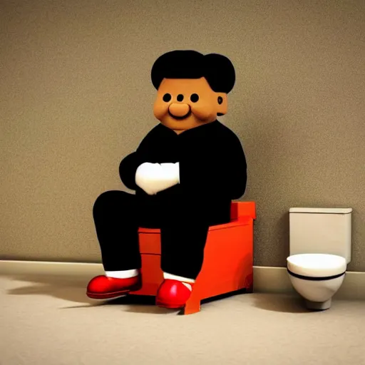 Prompt: little mr xi jinping by roger hargreaves and jim henson. rust, octane render, unreal engine. drinking out of the toilet