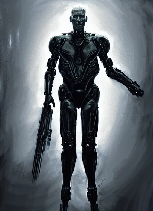 Image similar to keanu reeves as victor stone, full body concept, cyborg, borg, strogg, face of a man, terminator, flesh, quake strogg, doom demon, wolfenstein, monstrous, powerful, symmetry, symmetrical, concept art by ruan jia and greg rutkowski