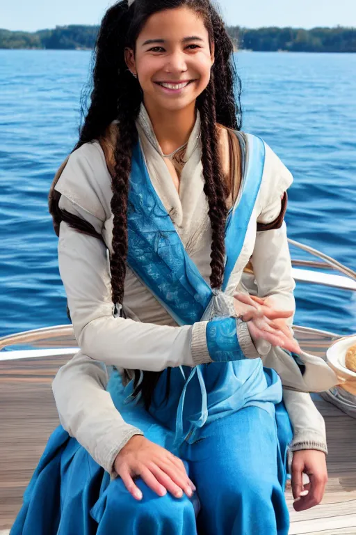Prompt: full-length photo of real life Katara from Avatar, smiling, looking at camera, sitting on a boat