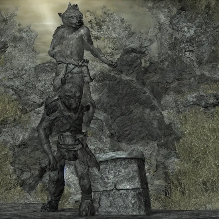 Prompt: a grey and rough hewn shiba inu statue guarding a draugr tomb, light coming in through cracks, skyrim pc screenshot