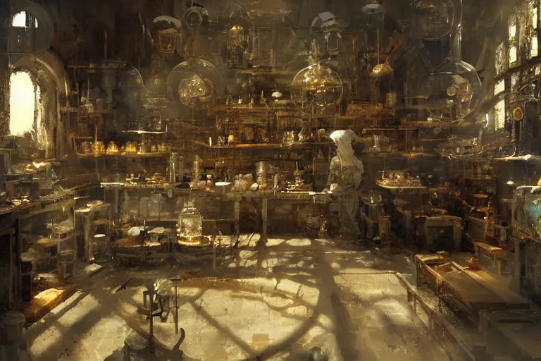 Image similar to the interior of an alchemist ’ s laboratory, concept art by craig mullins