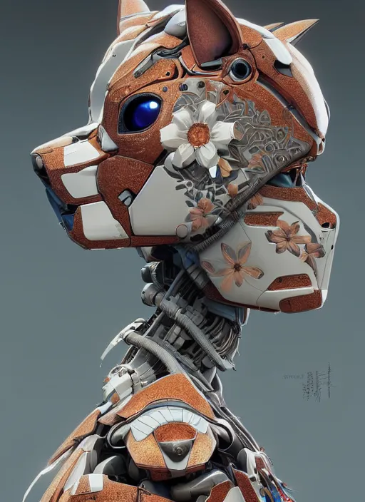 Image similar to symmetry!! portrait of a hybrid robot cat, floral! horizon zero dawn machine, intricate, elegant, highly detailed, ray tracing, digital painting, artstation, concept art, smooth, sharp focus, illustration, art by artgerm and greg rutkowski and alphonse mucha, 8 k