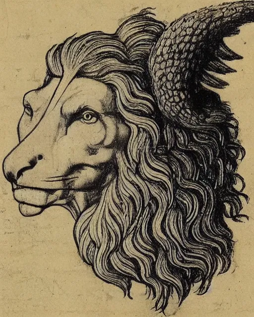 Prompt: a creature with the body and eyes of a man, beak of an eagle instead of nose, the mane of a lion, two horns of an ox on the head. drawn by leonardo da vinci