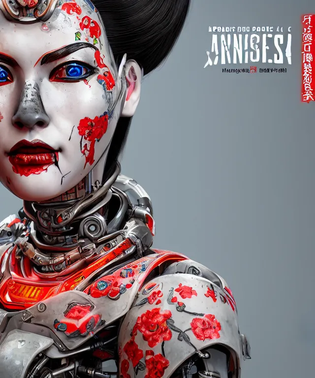 Image similar to an epic fantastic realism comic book style portrait painting of a japanese robotic geisha with kanji tattoos and decals, apex legends, octane render, intricate detail, 4 k hd, unreal engine 5, ex machina, irobot