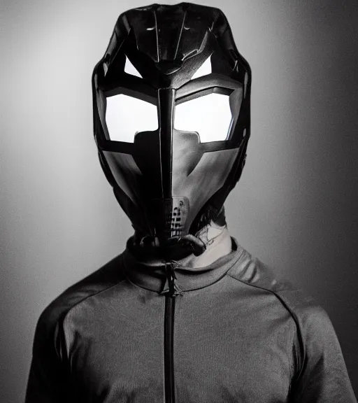 Image similar to young handsome Asian man wearing partial broken insectoid helmet mask only in pain and anger deep dark backlit night technoir bike suit cinematic monochromatic portrait photo by Leica Zeiss in detailed depth of field lens flare trending on Flickr realistic hd by frank Miller