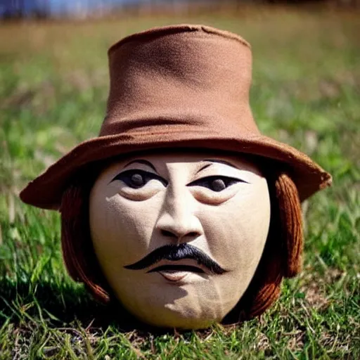 Prompt: gourd carved to look like the face of johnny depp