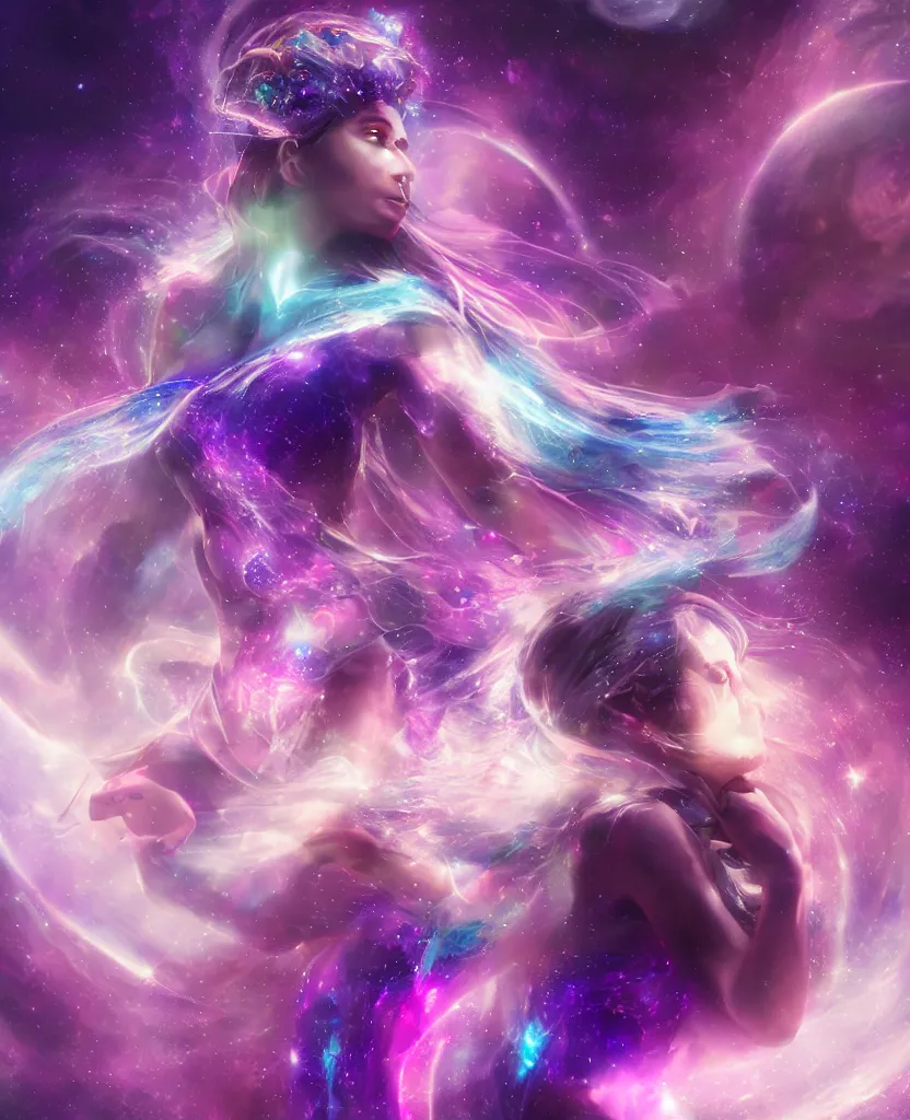 Prompt: Celestial goddess of time and space floating in the cosmos striking beauty oracle trending on artstation purple amathist color scheme + gemstone crystals + realistic + photorealistic + octane render + 3d render