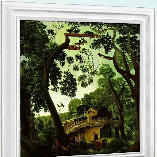 Image similar to beautiful rustic treehouse, lush trees, by caravaggio