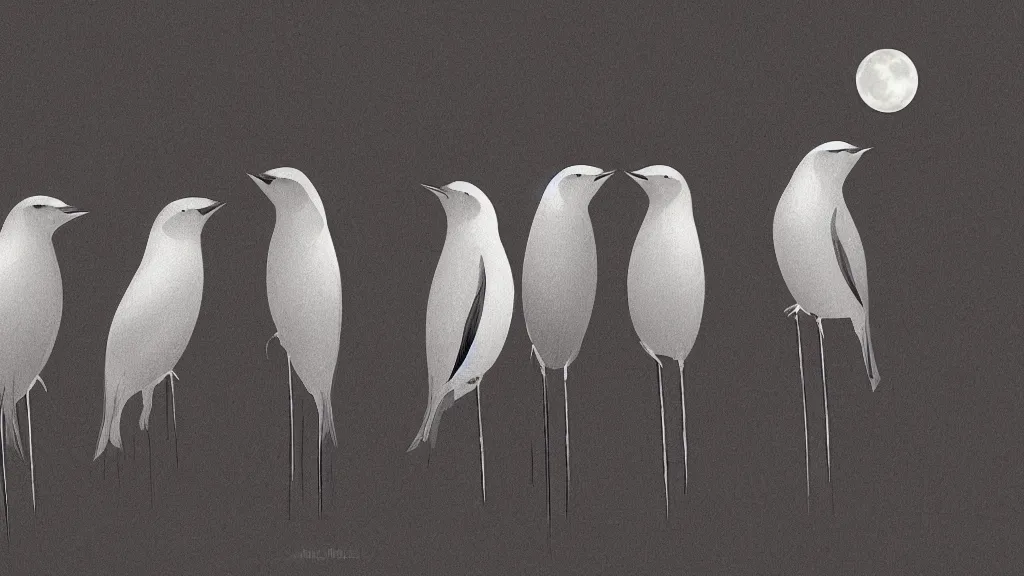 Prompt: a row of fat bearded reedlings, midnight, moonlight, full moon, highly detailed, intricate, hyper realistic, digital art