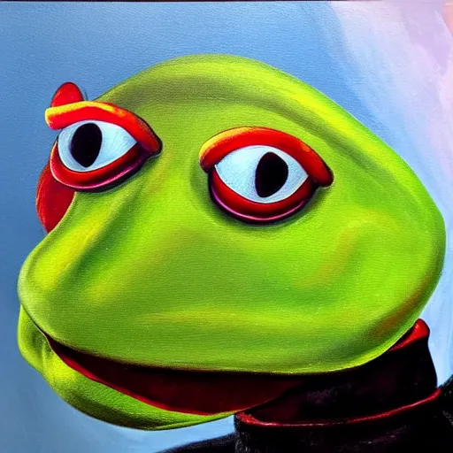 Image similar to portrait of kermit the frog with salvadore dali mustache, expressive oil painting