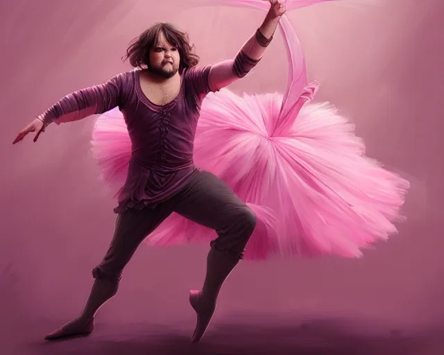 Image similar to photography of jack black dancing in a pink ballerina outfit, full body shot, deep focus, d & d and mtg, fantasy, intricate, elegant, highly detailed, digital painting, artstation, concept art, matte, sharp focus, illustration, hearthstone, art by artgerm and greg rutkowski and alphonse mucha