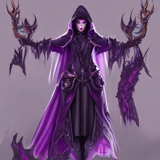 Image similar to female warlock long hood cloak purple, fighting dark evil monster from hell in magic world, 8 k, trending on artstation by tooth wu ”