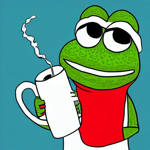 Prompt: Pepe the Frog drinking coffee from a large white mug, simple digital art
