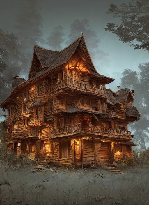 Image similar to a wood carved house on a mystic groove, art style by kim jung gi karl marx greg rutkowski, au naturel, hyper detailed, digital art, trending in artstation, cinematic lighting, studio quality, smooth render, unreal engine 5 rendered, octane rendered