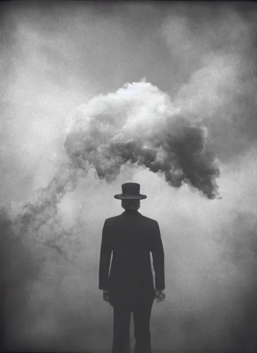 Prompt: mysterious man in suit and hat shrouded in smoke, in a big industrial city metropoli with a cloudy sky, polaroid artistic photo