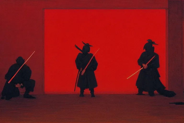 Image similar to only with red, a red samurai do seppuku, tokio, a lot of frogs watch, in the style of beksinski, parts by edward hopper, parts by rodcenko, parts by yue minjun, intricate and epic composition, red by caravaggio, insanely quality, highly detailed, masterpiece, red light, artstation, 4 k