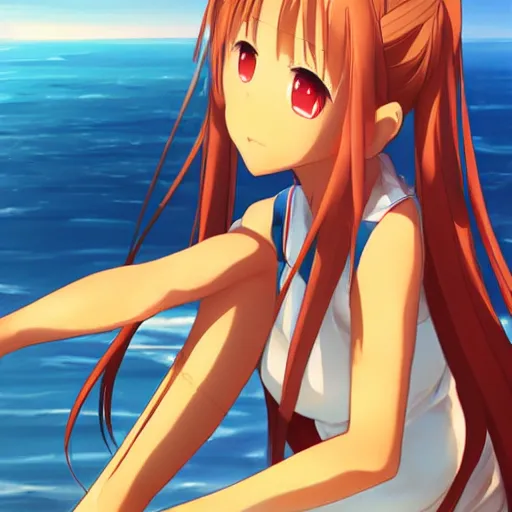 Prompt: wlop art: yuuki asuna sitting at the beach watching saturn in the sky