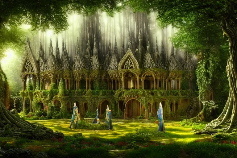 Prompt: a beautiful and highly detailed digital painting of an elven palace in a beautiful garden in a mystical forest, ethereal psychedelic patterns, celtic trees, intricate details, epic scale, insanely complex, artstation, cgsociety, 8 k, sharp focus, hyperrealism, by caspar friedrich, albert bierstadt, james gurney, brian froud,