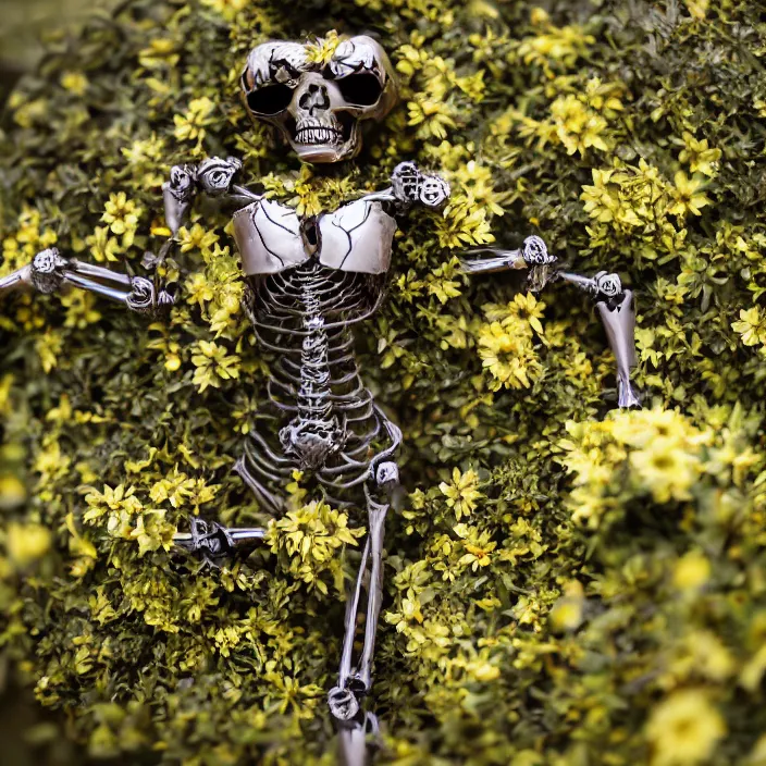 Image similar to overgrown foliage over a full - robot skeleton on the ground, close - up, 3 5 mm, f 1. 8, bokeh, beautiful, lens flare, emotional, sweet, flowers, detailed, picture, trending on artstation, award - winning, shiny, golden