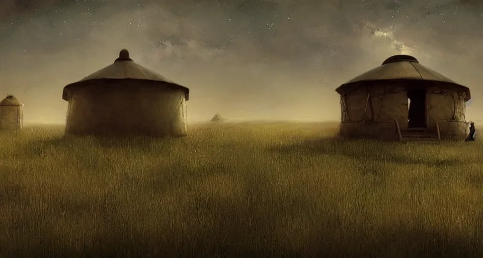 Image similar to night, stars shining, a yurt, in the steppe, summer field, misty background, in background a rusty building construction of spiral upside - down stairs!!, from the game pathologic 2, highly detailed, sharp focus, matte painting, by isaac levitan and asher brown durand,