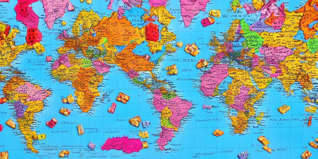 Image similar to a world map made out of candy pieces