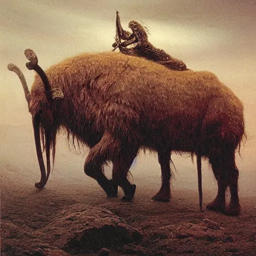 Image similar to ancient norse mammoth rider, wearing norse armor, beksinski