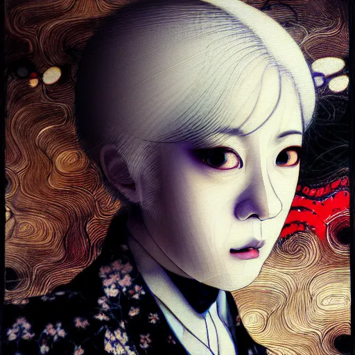 Image similar to yoshitaka amano blurred and dreamy realistic three quarter angle portrait of a woman with white hair and black eyes wearing dress suit with tie, junji ito abstract patterns in the background, satoshi kon anime, noisy film grain effect, highly detailed, renaissance oil painting, weird portrait angle, blurred lost edges