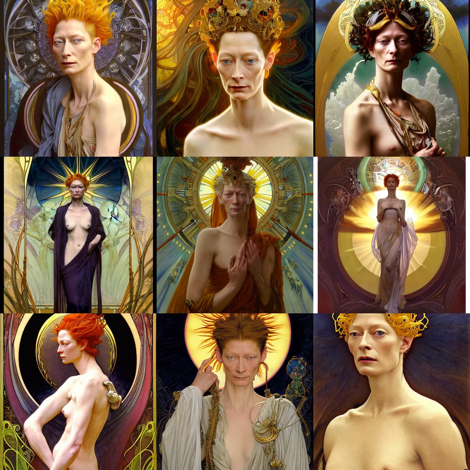 Prompt: stunning, breathtaking, awe-inspiring award-winning concept art nouveau painting of attractive Tilda Swinton as the goddess of the sun, with anxious, piercing eyes, by Alphonse Mucha, Michael Whelan, William Adolphe Bouguereau, John Williams Waterhouse, and Donato Giancola, cyberpunk, extremely moody lighting, atmospheric, cinematic, depth of field, 8K