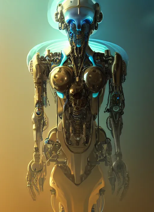 Prompt: benevolent cyborg necromancer, scifi, futurism, alien room background, white, blue, gold, highly detailed, trending on artstation, soft light, sharp edges, illustration, technology, art by vitaly bulgarov and nivanh chanthara